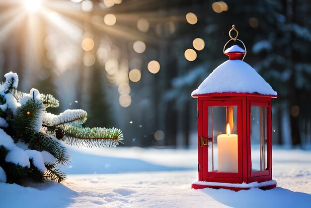 Foto Weihnachtslaterne mit Tannenzweig und Dekoration auf verschneitem Tisch, unscharfer Hintergrund