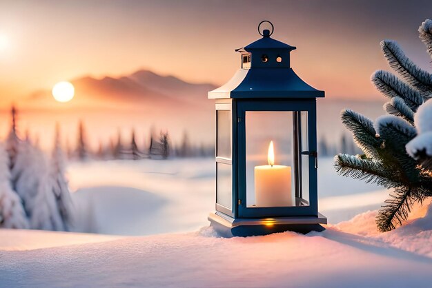 Foto Weihnachtslaterne mit Tannenzweig und Dekoration auf verschneitem Tisch, unscharfer Hintergrund