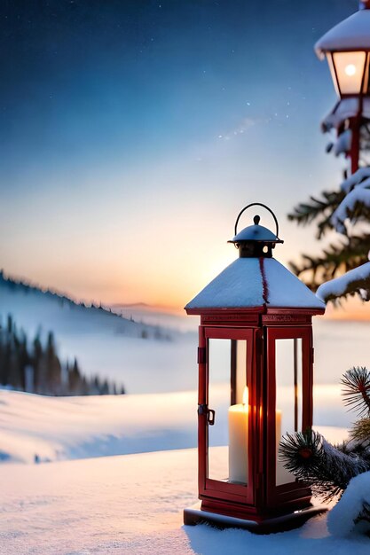 Foto Weihnachtslaterne mit Tannenzweig und Dekoration auf verschneitem Tisch, unscharfer Hintergrund