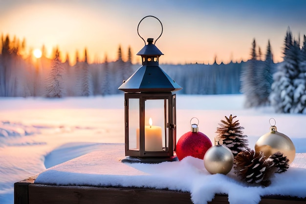 Foto Weihnachtslaterne mit Tannenzweig und Dekoration auf verschneitem Tisch, unscharfer Hintergrund