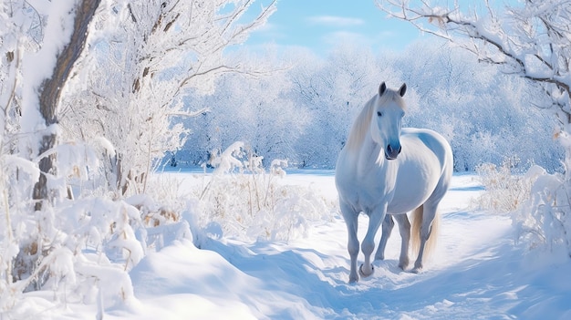 Foto weißes Pferd im Winter Generative KI