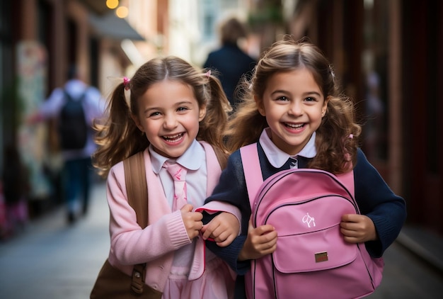 Foto Willkommen wieder in der Schule zwei kleine Schulmädchen mit rosa Schultaschen