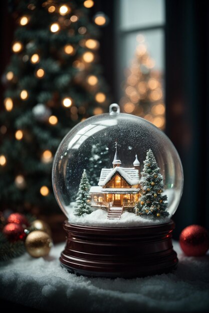 Foto Winter-Wunderland mit kleiner Stadt und Weihnachtsbaum in einer Schnee-Kugel schneit festlich