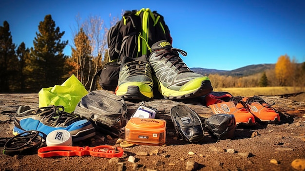 Una foto de unas zapatillas de trail running y una mochila de hidratación  para corredores de trail