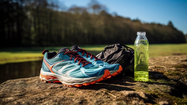 Una foto de unas zapatillas de trail running y una mochila de hidratación  para corredores de trail