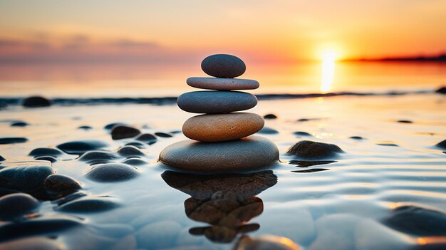 Foto Zen-Steine balanciert am Strand mit Kopierraum Sonnenaufgang Licht Meditation