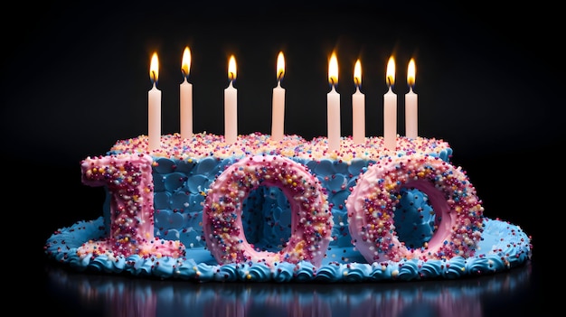 Foto zum Feiern von 100 Geburtstagskuchen mit einer brennenden Geburtstagskerze Nummer 4 generative ai