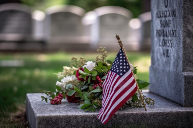 Foto zum Gedenktag mit amerikanischen Flaggen auf dem Friedhof Generative KI