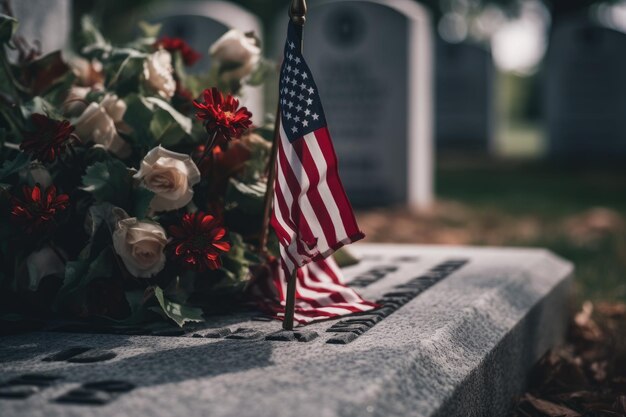 Foto zum Gedenktag mit amerikanischen Flaggen auf dem Friedhof Generative KI