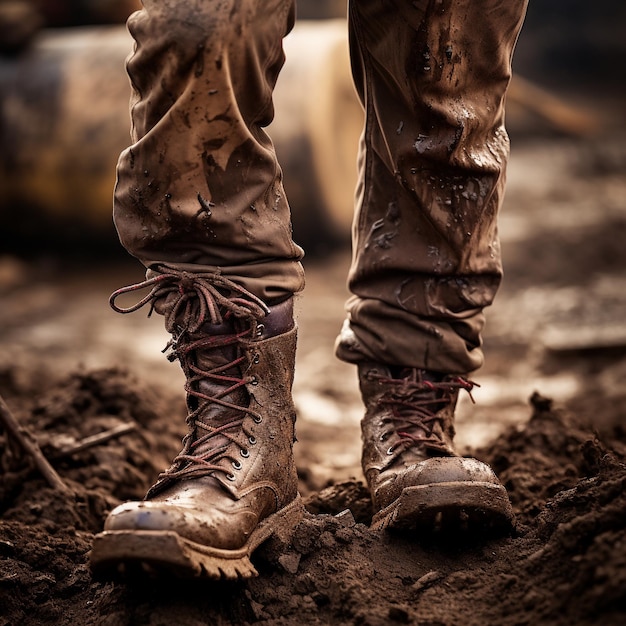 Foto zum Tag der Arbeit eines Arbeiters, der Schuhe mit Schlamm trägt und einen Hammer hält