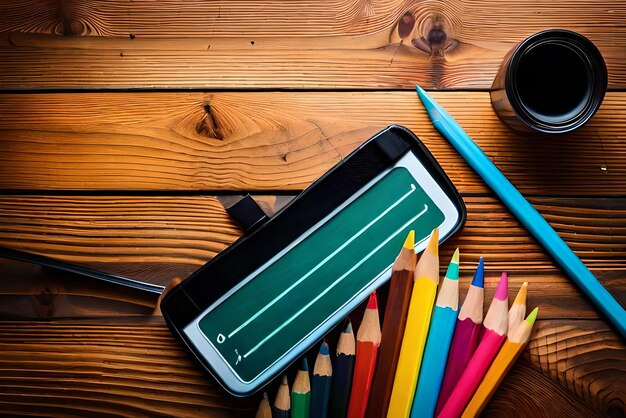 Foto foto zurück zum schulkonzept mit buntstift und bunten schulmaterialien auf einem holztisch