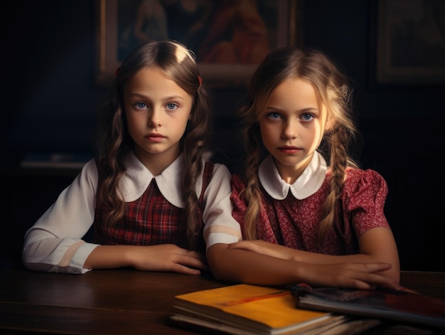 Foto zurück zur Schule: süße Schulmädchen sitzen in einem Klassenzimmer