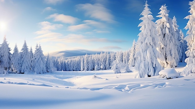 Fotoansicht einer Landschaft mit schneebedeckten Bergen und Tannenbäumen mit weihnachtlichem Mystery-Hintergrund