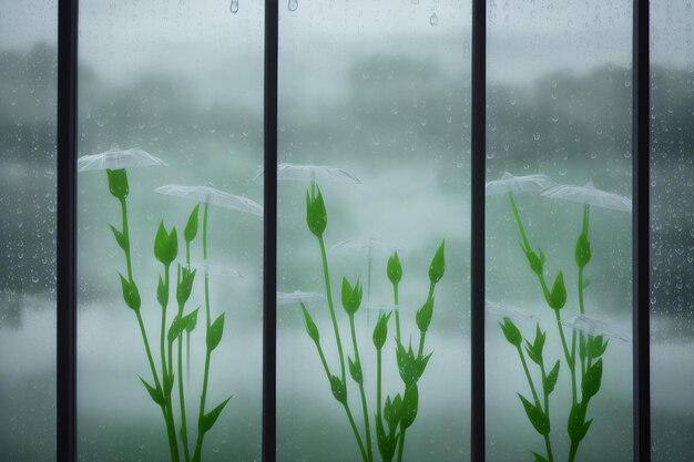 Fotoansicht von Blumen hinter transparentem Glas mit Wassertropfen