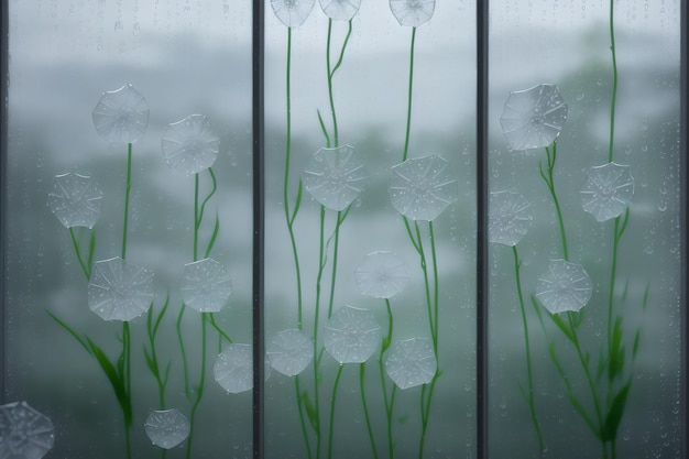 Fotoansicht von Blumen hinter transparentem Glas mit Wassertropfen