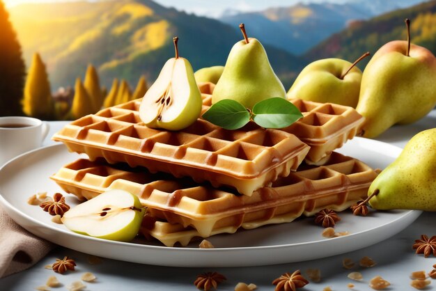 Foto fotoansicht von köstlichen waffeln mit frischer birne auf dem hintergrund