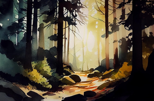 Fotoaquarellmalerei des Waldes