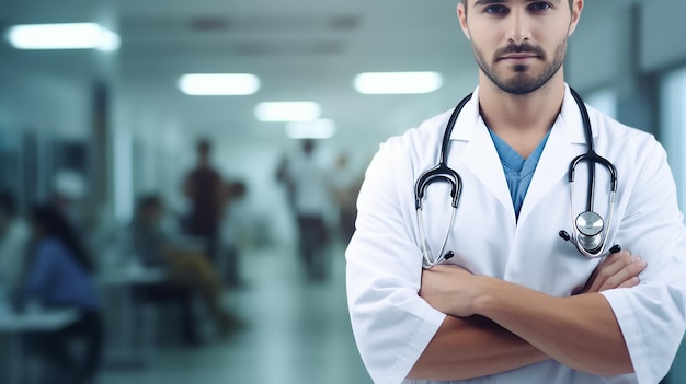 Fotoarzt mit Stethoskop auf schlichtem medizinischem Hintergrund