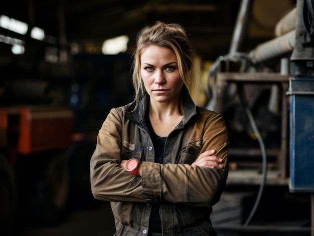 Fotoaufnahme einer natürlichen Frau, die als Bauarbeiterin arbeitet