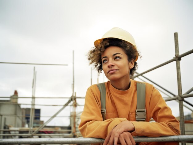 Fotoaufnahme einer natürlichen Frau, die als Bauarbeiterin arbeitet