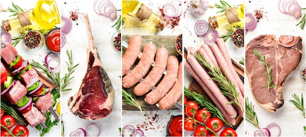 Fotobanner. Fotocollage, Barbecue, rohe Steaks und Fleisch. Auf einem weißen hölzernen Hintergrund.