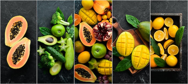 Fotocollage aus frischem Obst und Gemüse auf schwarzem Hintergrund Food-Banner