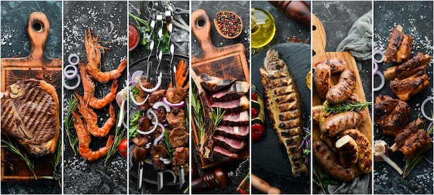 Fotocollage BBQ Barbecue Steaks und Meeresfrüchte auf schwarzem Hintergrund