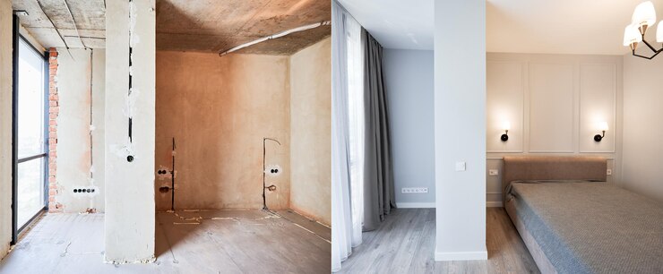 Foto fotocollage des schlafzimmers vor und nach der renovierung