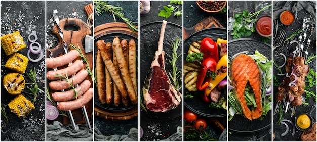 Fotocollage Grillmenü auf schwarzem Steinhintergrund Kebab Steak Gemüse und Meeresfrüchte