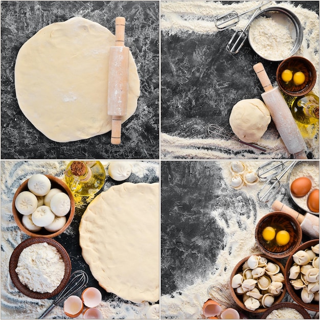 Fotocollage Kochen Backen Nudelholz Mehl Eierteig Ansicht von oben Freier Kopierplatz