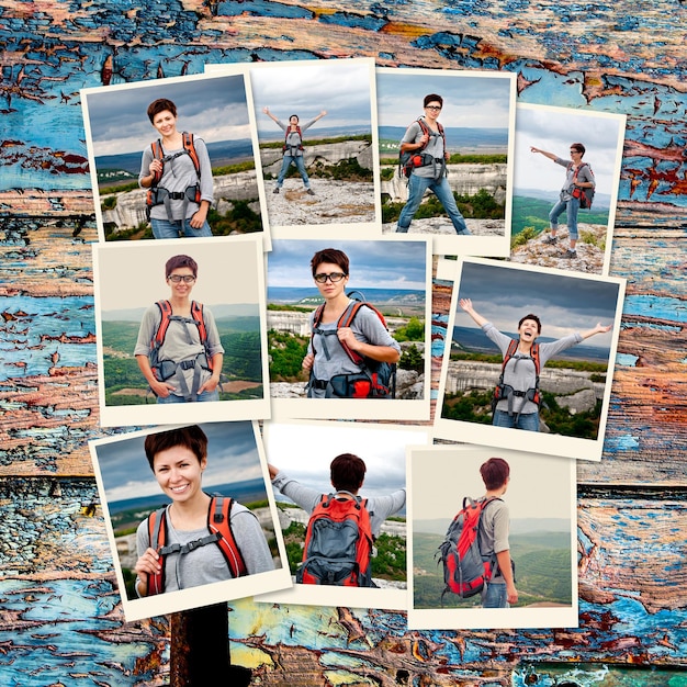 Fotocollage von einem Touristenmädchen in einer Berglandschaft