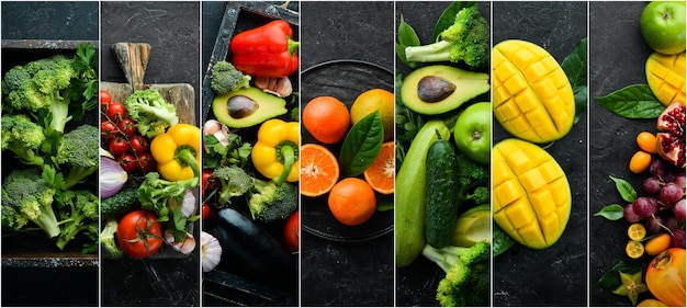 Fotocollage von frischem Obst und Gemüse auf schwarzem Hintergrund Lebensmittelbanner