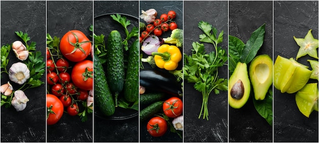 Fotocollagen Frisches Gemüse auf schwarzem Hintergrund Banner