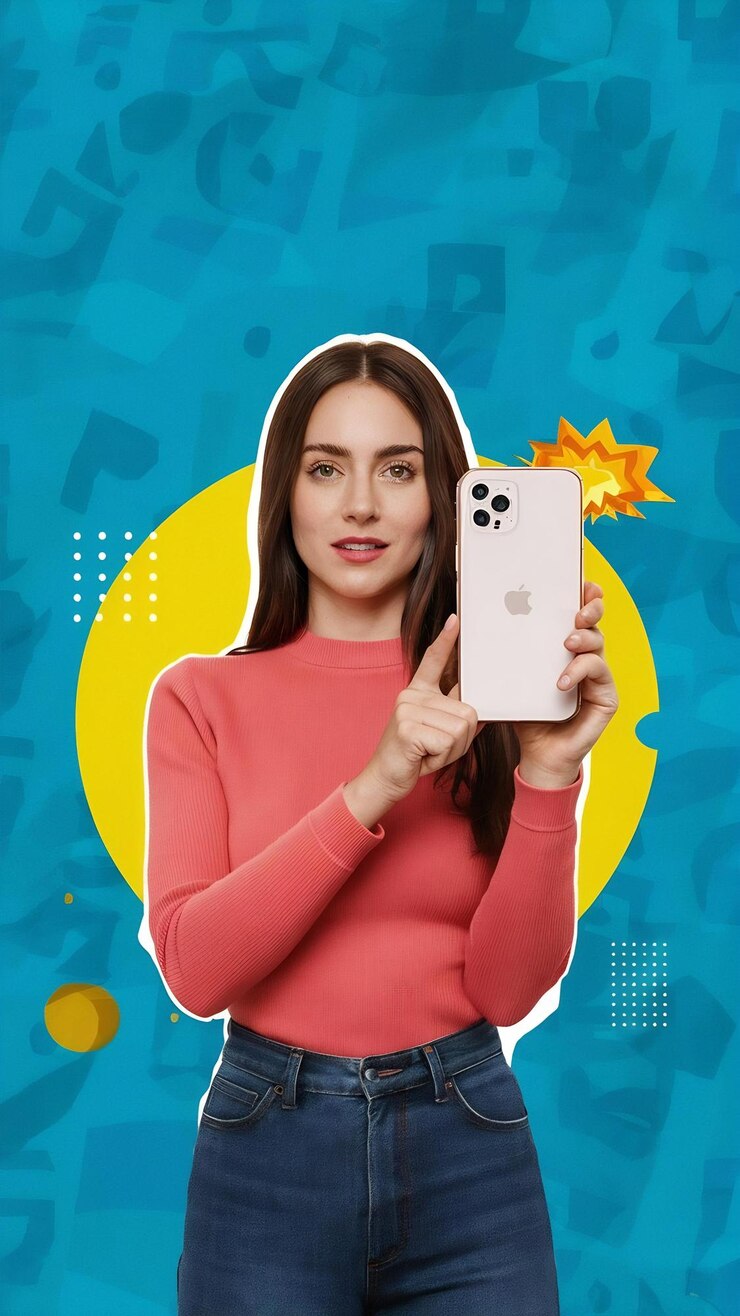 Foto fotocomposição banner de compras horizontal com uma mulher e um grande smartphone