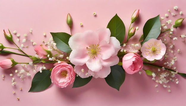 Fotodekoration von Blumen auf einem rosa Hintergrund, generiert von KI