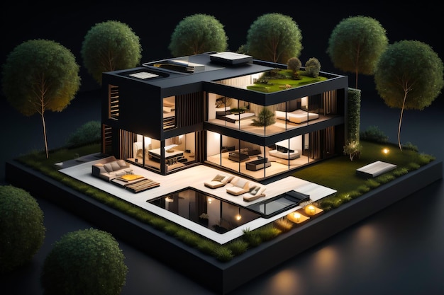 Fotogeneratives Ai 3D Miniatur modernes Luxushaus