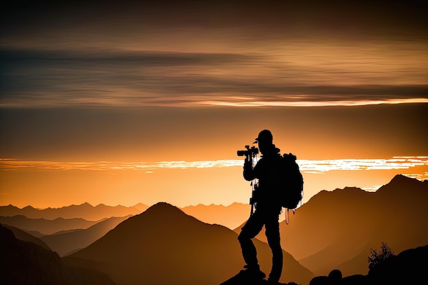 Fotograf in der Silhouette, während er einen bergigen Sonnenuntergang einfängt