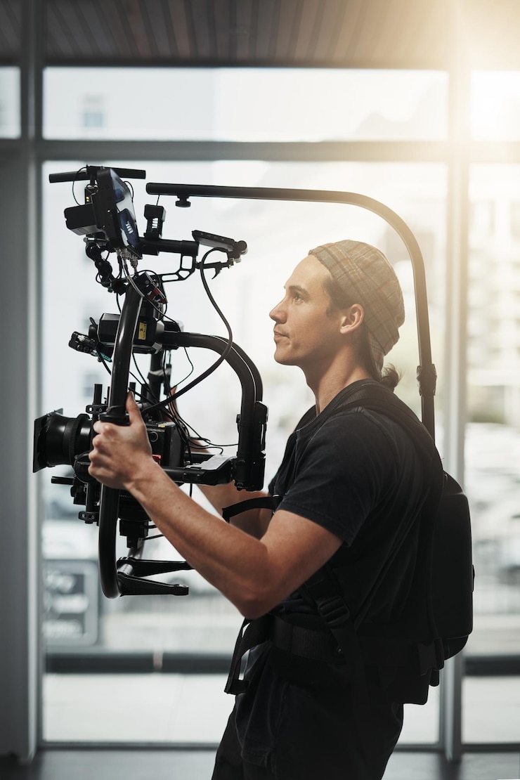 Foto fotograf kamera und fotografie mit stabilisierungsgerät auf dem set für das filmen von medien und zeitschriften kameramann fokus und person hinter der bühne für die dreharbeiten produktion und film als regisseur mit ausrüstung