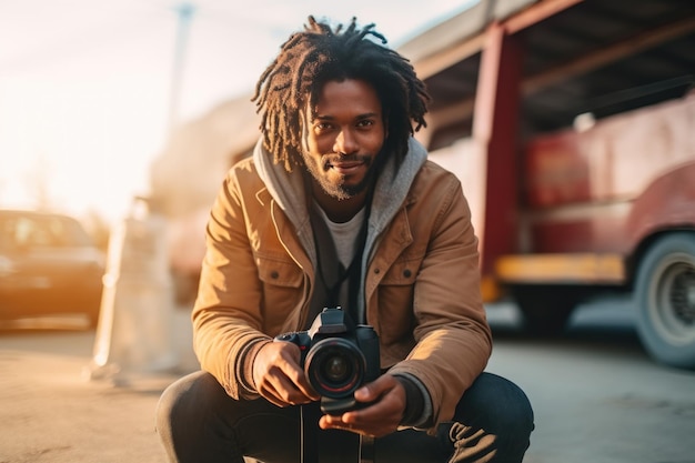 Fotograf mit Kamera auf einer Stadtstraße