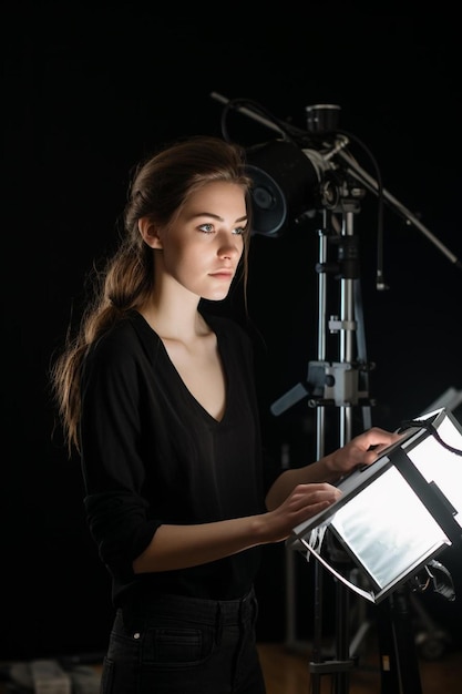 Foto fotógrafa a ajustar o equipamento de iluminação para uma sessão fotográfica no estúdio