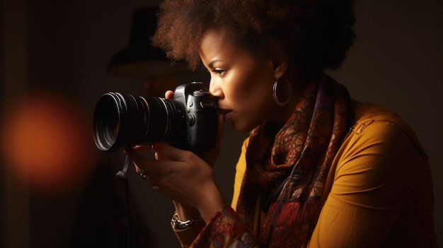 Fotógrafa Afroamericana Edad media Tomando fotografías en una sesión de moda en Studio Generative AI AIG22
