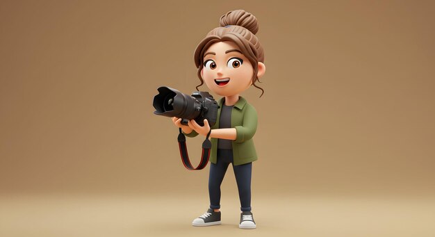 Fotógrafa con una cámara DSLR 3D personaje de dibujos animados Ilustración AI Generar