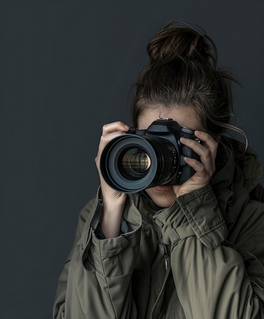 Una fotógrafa capturando un momento con una DSLR profesional y una lente de zoom sobre un fondo gris oscuro