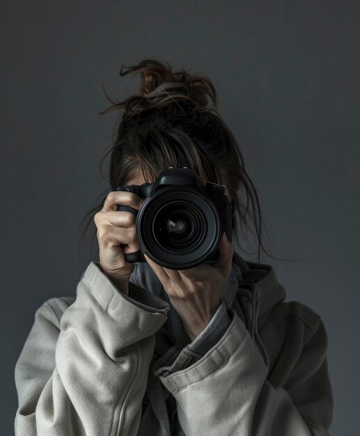 Una fotógrafa capturando un momento con una DSLR profesional y una lente de zoom sobre un fondo gris oscuro