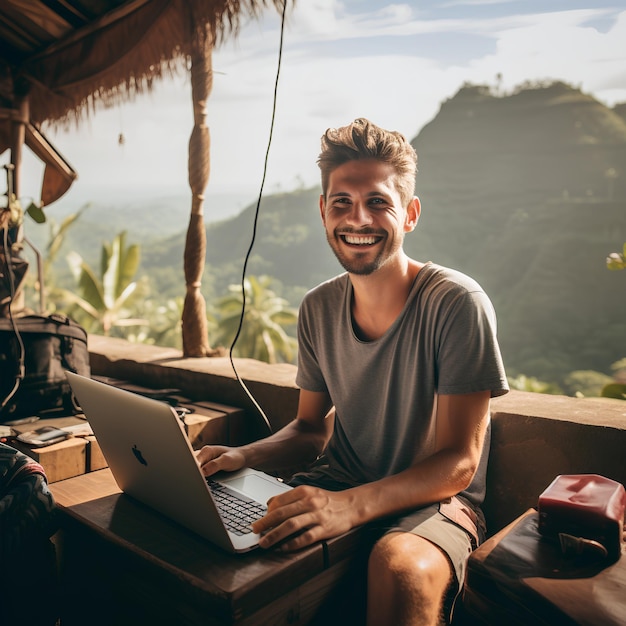 Fotógrafa de homem guapo sonriendo e emprendiendo