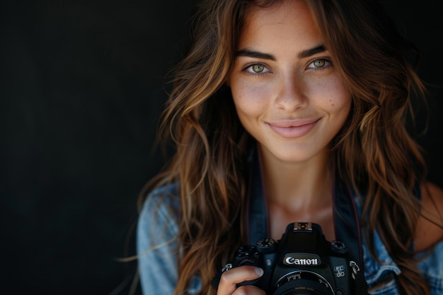 Foto fotógrafa feminina segurando um traje de denim de câmera contra um fundo escuro