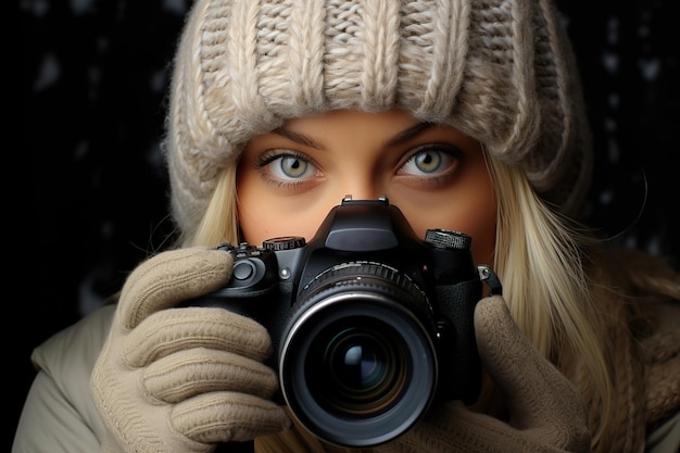Fotógrafa loira com câmera DSLR, chapéu de lã e luvas