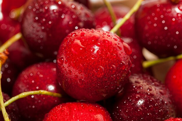 Fotografado em close-up de cerejas vermelhas maduras cobertas com gotas de água, profundidade de campo rasa