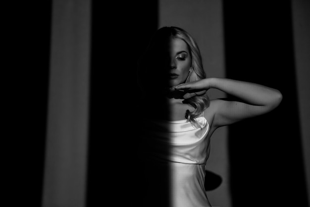 Fotografando com Projetores, preto e branco, claro e escuro, com a figura de uma linda garota posando, tonificação na moda.