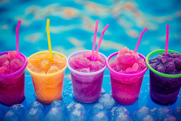 Foto fotografar slushies coloridos em copos de forma divertida com palhinhas